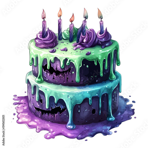 Watercolor spooky monster cake with melting green icing and lit candles