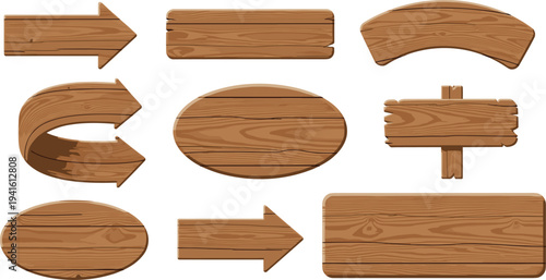 Collection of blank wooden signs and arrow pointers in various shapes including oval, rectangular, and curved designs isolated on a white background.