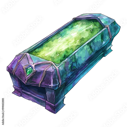 Watercolor fantasy crystal coffin with glowing green emerald liquid inside