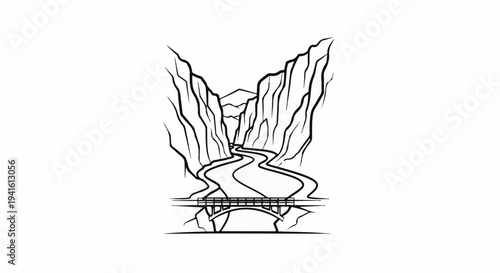 A black and white line drawing shows a winding river flowing through a canyon with a bridge crossing it