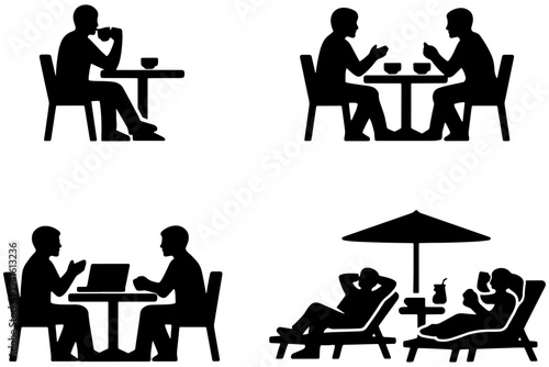 Cafe and Outdoor Dining Silhouette People Social Interaction Set