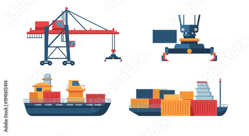 Maritime Container Transport: Port Crane Spreader and Cargo Ships.