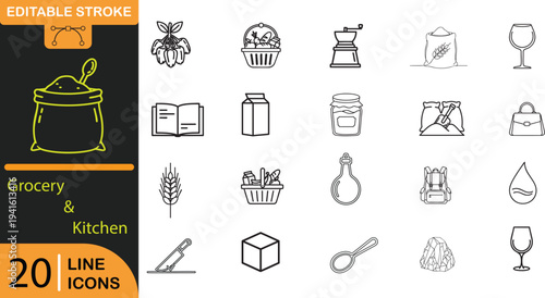 Editable stroke grocery and kitchen line icons