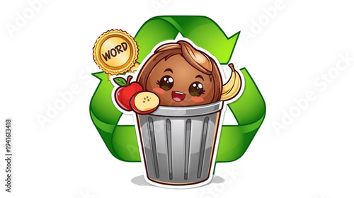 Recycling Cute Cartoon Character with Fruits in a Trash Bin and Golden Word Medal