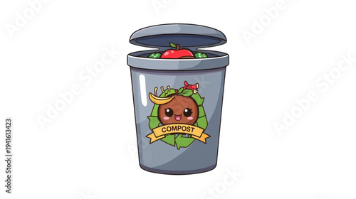 Compost Bin Featuring a Happy Cartoon Character with Fruit Scraps and a Small Worm