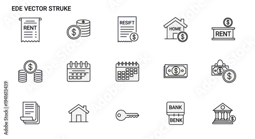 Real Estate and Finance Icons: Rent Home Money and Banking Elements.