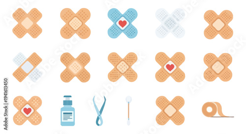 Set of adhesive bandages medical plasters and first aid supplies with heart icons.