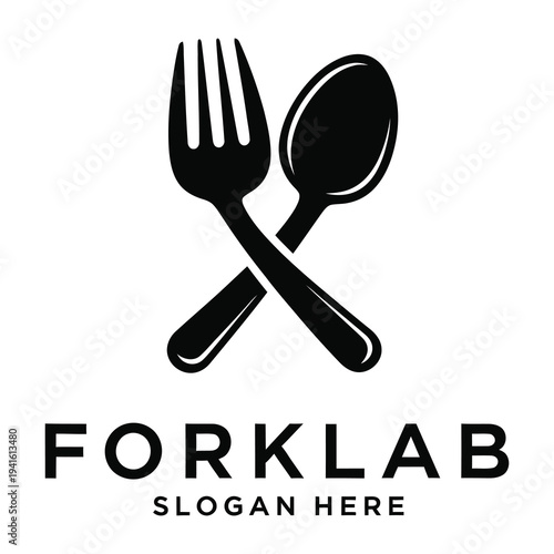 Fork and spoon crossed over each other with text logo  eating utensils icon
