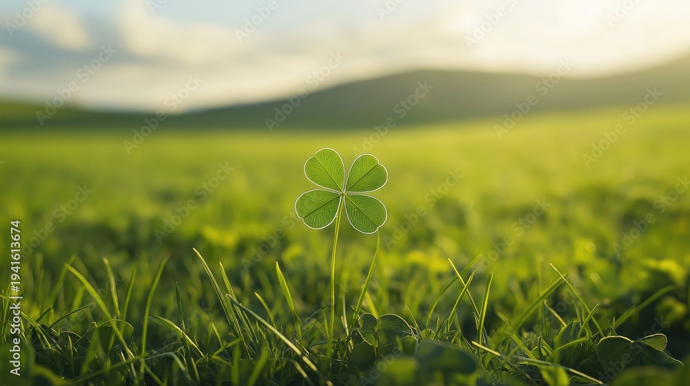 Naklejka premium Single four leaf clover symbolizing luck and fortune standing tall in a vibrant green meadow under bright daylight
