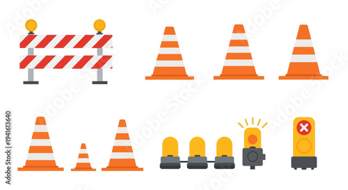 Collection of orange and white traffic cones and safety barriers.