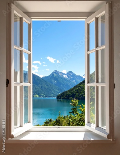 Open window frames a tranquil lake, green trees, and a blue sky, with mountains in the background