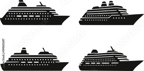 Cruise ship silhouette vector icon set isolated