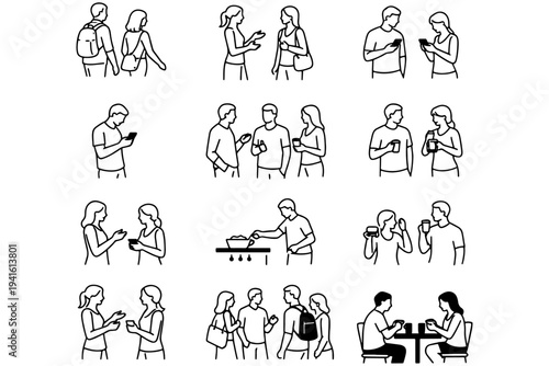 Isometric Line Art People Collection Walking Talking and Using Phones