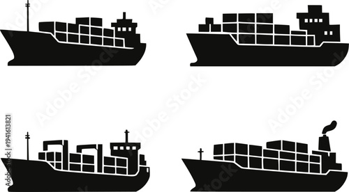 Cargo ship silhouette vector icon set isolated