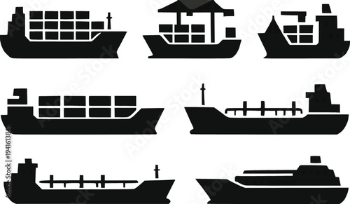 Cargo container ship silhouette vector icon set isolated