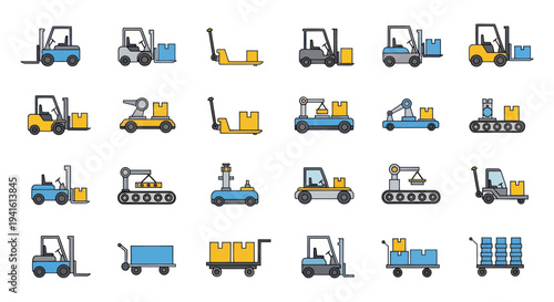 Set of various material handling vehicles and equipment icons including forklifts pallet jacks and carts with boxes.