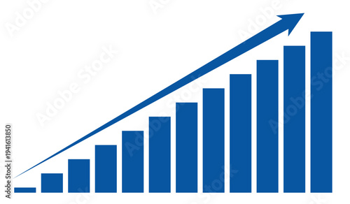 Vector icon of a blue rising bar graph with a trend arrow: concept for economic prosperity.