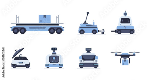 A collection of modern autonomous delivery robots including a truck ground vehicles and a quadcopter drone for logistics.