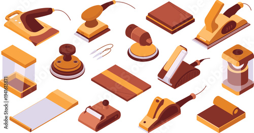 Isometric, woodworking, sanding, tools, electric, sanders, planer, carpentry, workshop, wood, finishing, equipment, DIY, woodcraft, engineering, hardware, vector, illustration, set, collection