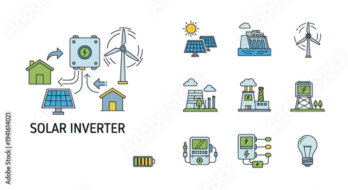 Colorful Renewable Energy and Sustainable Technology Icons Set Depicting Clean Power Sources.