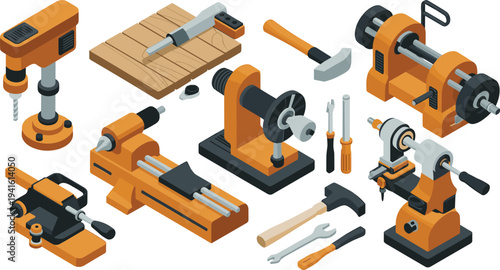 Isometric, woodworking, tools, machines, carpentry, lathe, drill, workbench, hammer, chisel, equipment, workshop, woodcraft, DIY, engineering, hardware, vector, illustration, set, collection