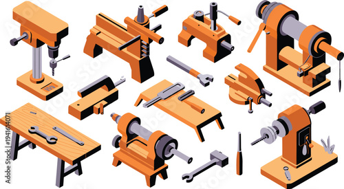 Isometric, woodworking, workshop, machines, carpentry, tools, lathe, drill, workbench, clamps, hammer, chisel, equipment, DIY, woodcraft, engineering, vector, illustration, set, collection