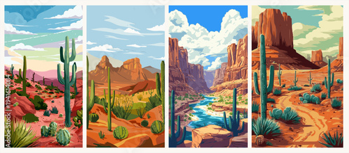 Desert landscape collection: arid canyons with saguaro cacti, rocky cliffs, and winding paths.