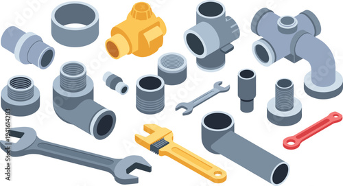Plumbing tools and pipe fittings set, wrench valve connectors plumbing repair equipment isometric illustration collection