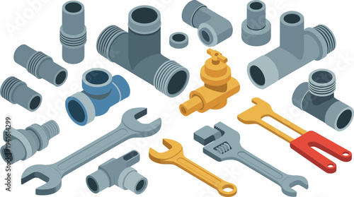 Plumbing pipe fittings and repair tools set, water valve connectors wrench plumbing equipment isometric illustration collection
