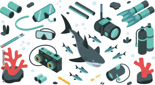 Scuba diving gear and shark underwater set, diving mask, fins, oxygen tanks, marine life ocean adventure vector illustration