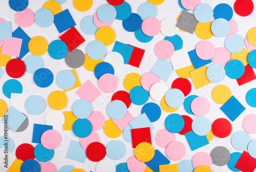 Colorful foam circles and rectangles scattered on white flat surface background.