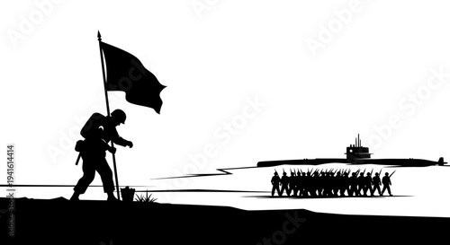 Soldier planting flag with submarine and troops marching on beach, black and white silhouette