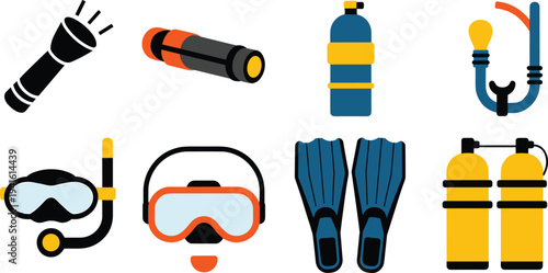 Scuba diving gear icons set, snorkel mask fins oxygen tank flashlight underwater equipment flat design illustration collection
