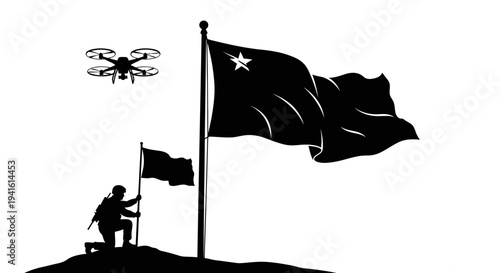 Soldier Raising Flag with Drone Overhead, Symbolizing Modern Warfare and Patriotism