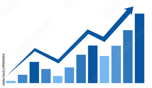 Dynamic business growth chart with blue bars and upward arrow showing profit success.