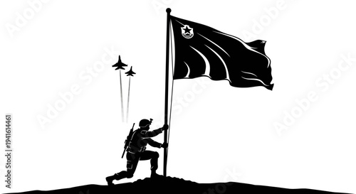 Soldier Raising Flag with Fighter Jets Flying Overhead, Symbolizing Victory and Patriotism