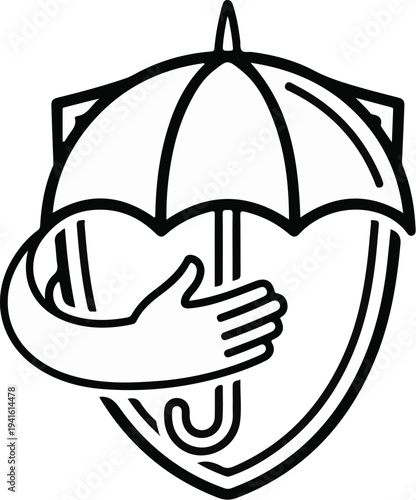 A black and white outline image shows a hand holding an umbrella with a shield