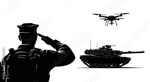 Soldier Saluting Drone and Tank, Military Technology and Modern Warfare Concept