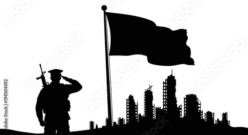 Soldier Saluting Flag Over Ruined City Skyline Silhouette
