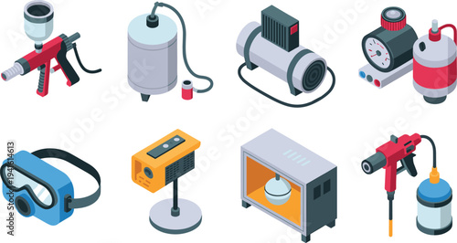 Spray, painting, equipment, spray, gun, compressor, respirator, pressure, tank, industrial, tools, workshop, coating, painting, maintenance, hardware, isometric, illustration, equipment, set