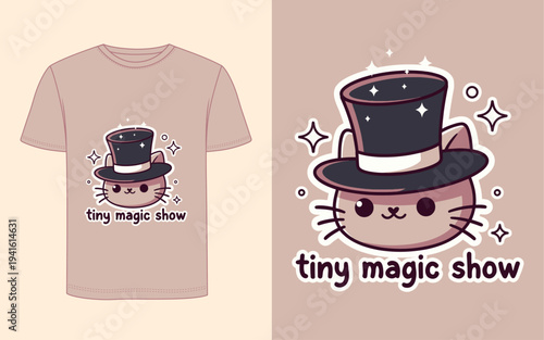 Adorable cat wearing a top hat with tiny magic show wording, an illustration designed for a t-shirt, it is an image that embodies charm and whimsy. 