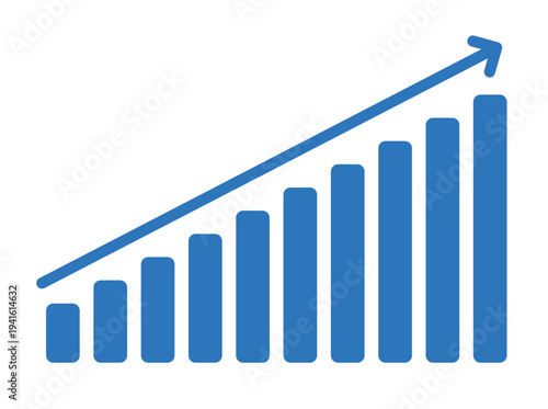 Minimalist blue bar graph with rising arrow: corporate growth and success icon.