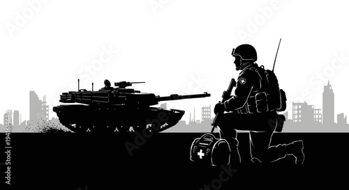 Soldier with First Aid Kit and Tank in Destroyed City Silhouette