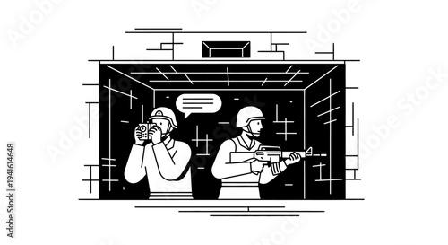 Soldier with rifle and man with camera in elevator, tense situation, surveillance, conflict