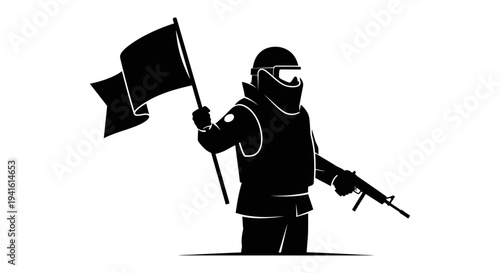 Soldier with Flag and Rifle, Riot Gear, Silhouette, Protest, Conflict