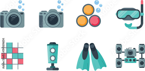 underwater, diving, scuba, icons, snorkel, mask, fins, camera, flashlight, photography, ocean, marine, exploration, equipment, diving, sport, flat, illustration, gear, set