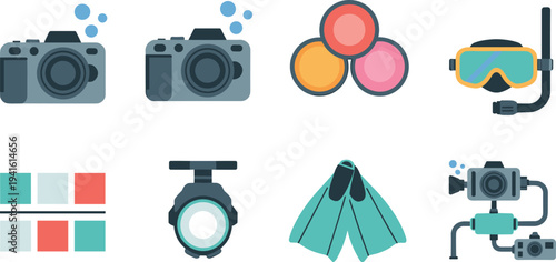 underwater, diving, scuba, icons, equipment, snorkel, mask, fins, camera, flashlight, photography, ocean, marine, exploration, diving, sport, flat, illustration, set, gear