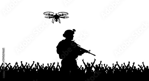 Soldier with Drone Overhead and Crowd Cheering Silhouette