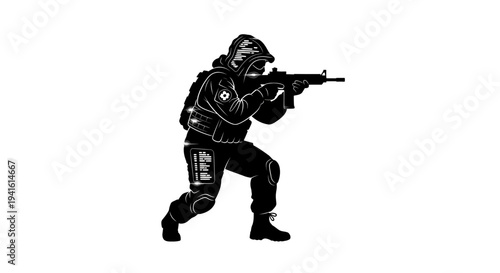 Soldier with Rifle in Tactical Gear, Ready for Combat