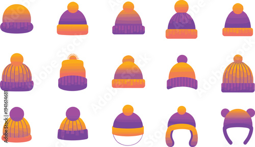 Winter beanie hat icons set, colorful knitted caps collection, warm wool hats, winter fashion accessories vector illustration